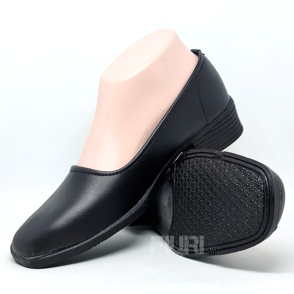 FIURI - SEPATU PANTOFEL SLIP ON HAK 3CM WANITA HITAM 36-42 POLOS - SEPATU SEKOLAH WARNA FULL HITAM UPACARA PASKIBRA