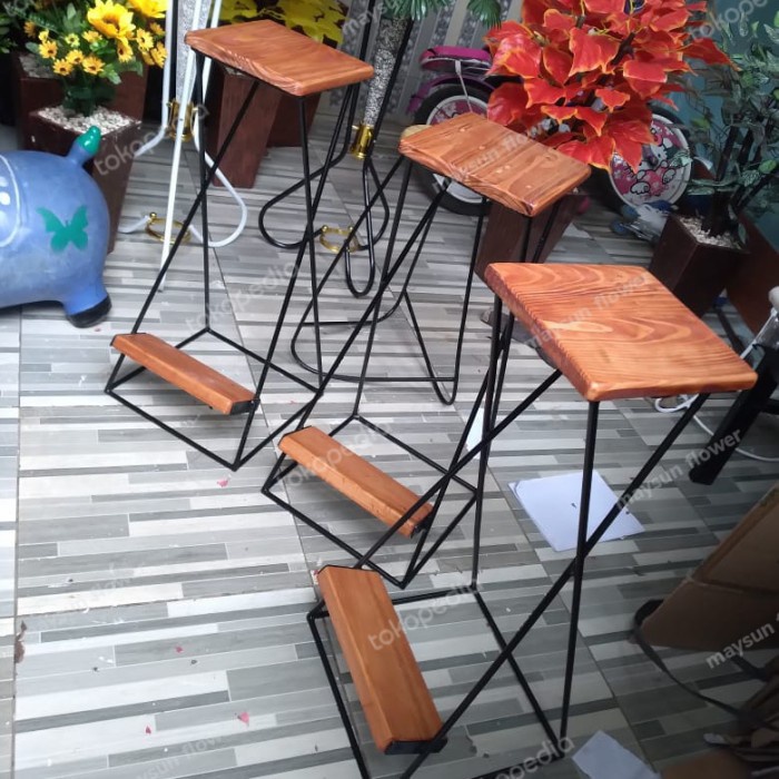 Kursi Kayu - Kursi Bar, Kursi Cafe Besi Dan Kayu, Kursi Makan Tinggi 60Cm Murah