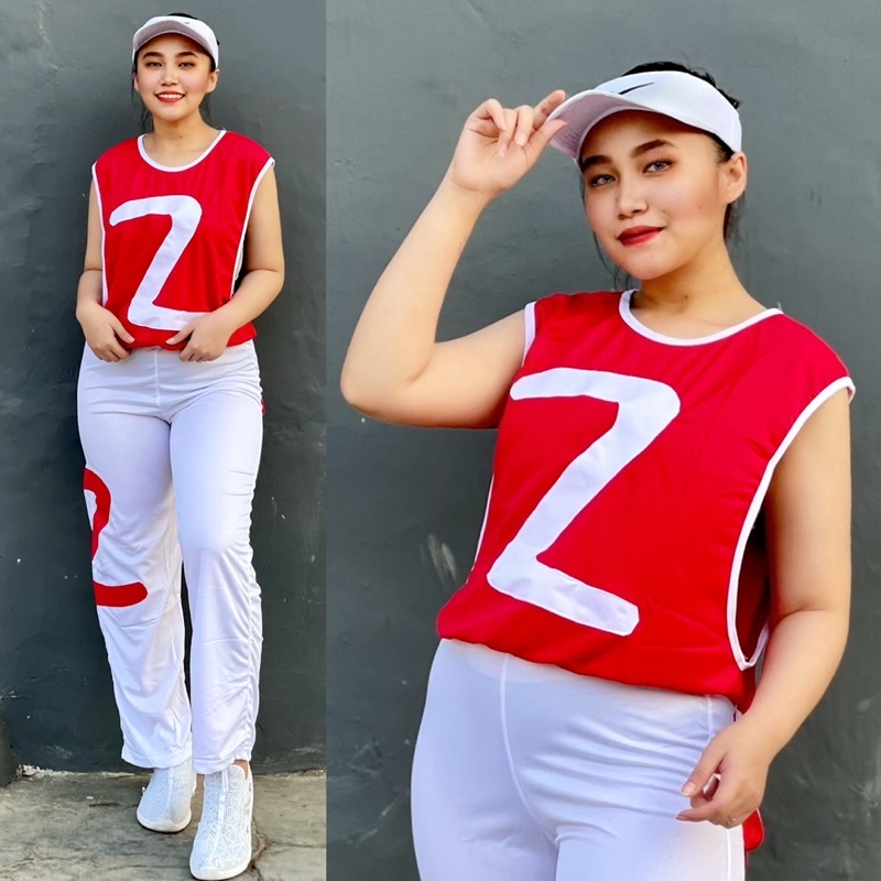 Setelan Baju Senam Lapangan Loose Top Merah Putih Zumba Aerobik Hijab Cycling Fitness