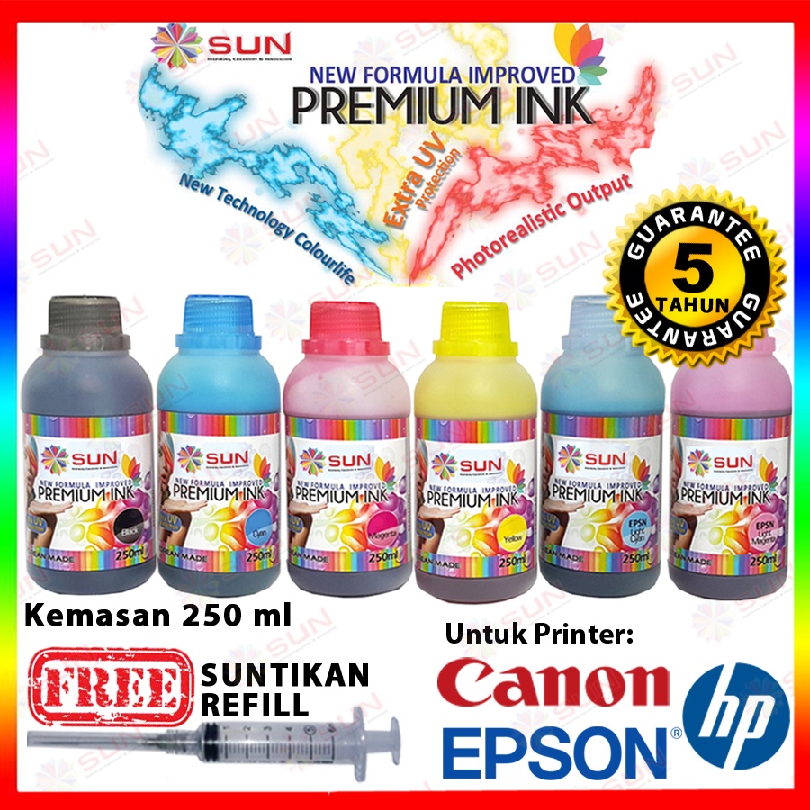 Tinta Refill Epson 003 664 673 / Tinta Canon IP2770 790 810 811 / Tinta Hp 678 680 GT52 GT53 - SUN Premium Ink NFI 250 ml