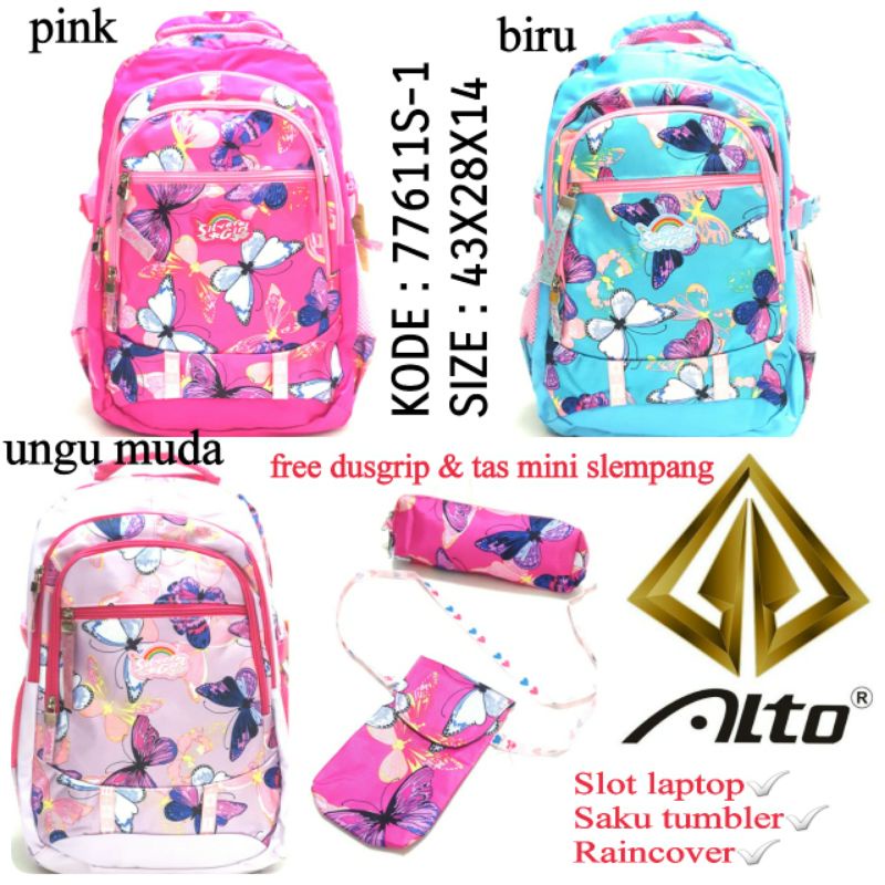 TERBARU TAS RANSEL SEKOLAH ANAK PEREMPUAN ALTO 77611S-1  ADA RAINCOVER WARNA PINK UNGU DAN BIRU