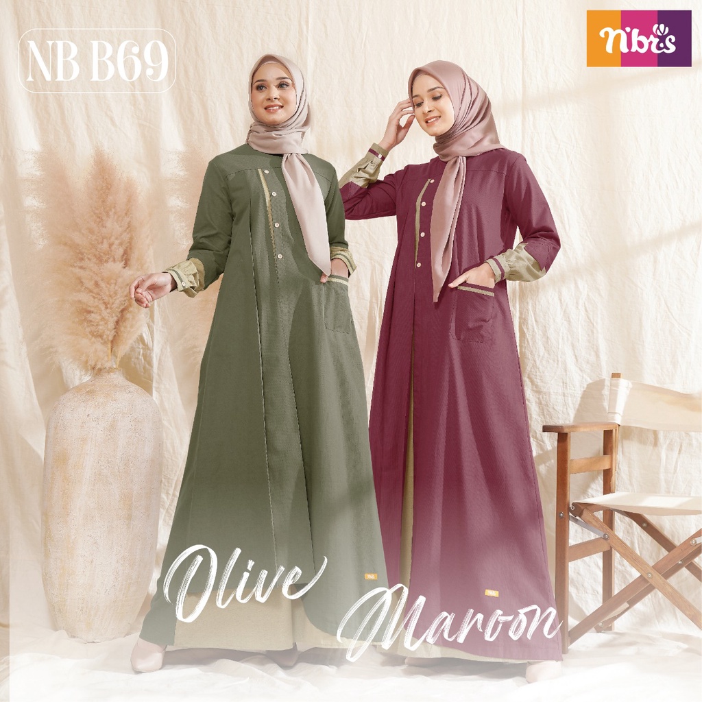 Nibras NB B69 Baju Gamis Wanita Dewasa Busui Friendly Bahan Cassanova 2D Warna Maroon Dan Green/Dress Simpel Dan Elegan.