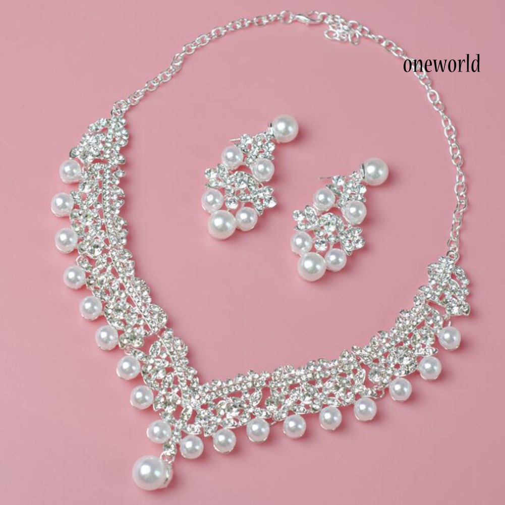 OW@ Women Faux Pearl Rhinestone Pendant Necklace Earrings Crown Tiara Jewelry Set