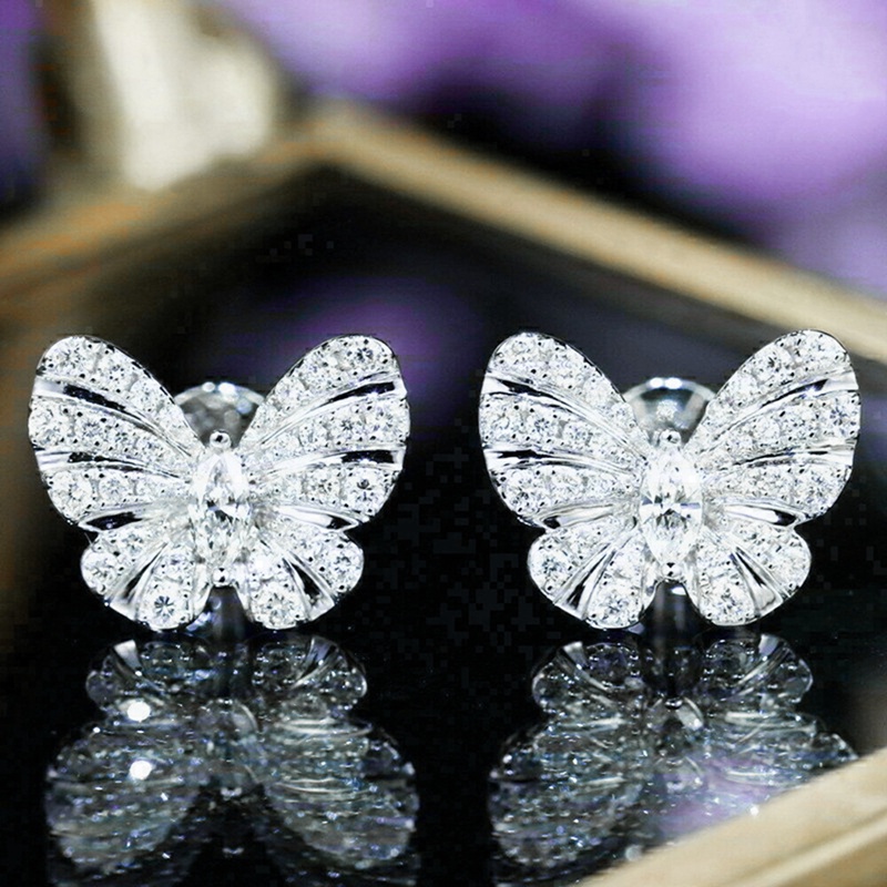 Anting Stud Desain Kupu-Kupu Aksen Kristal Untuk Wanita