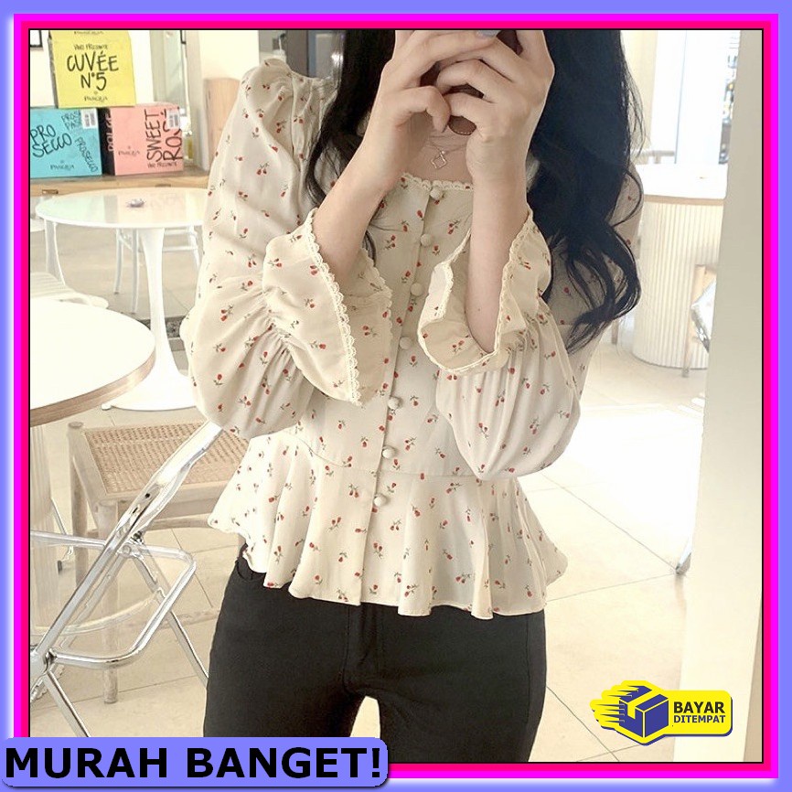 Blouse Wanita Atasan Muslim Korean Style Balon Korea Murah Kekini UJ740 [Bunga]Blouse Wanita Korean