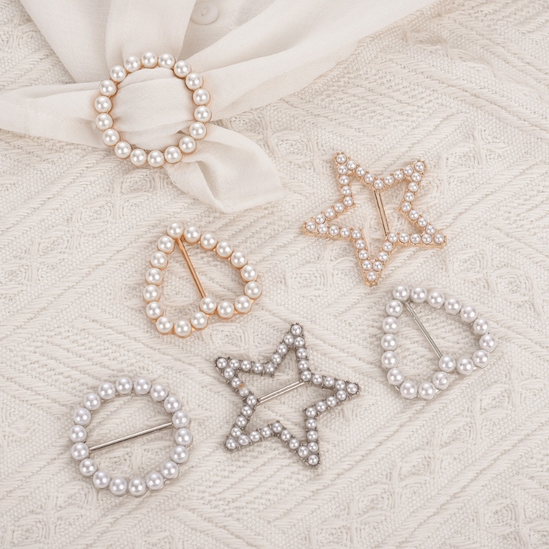 [Harga Grosir]Bros Pin Bentuk Bulat / Hati / Pentagram Hias Mutiara Imitasi Aksesoris Scarf Wanita