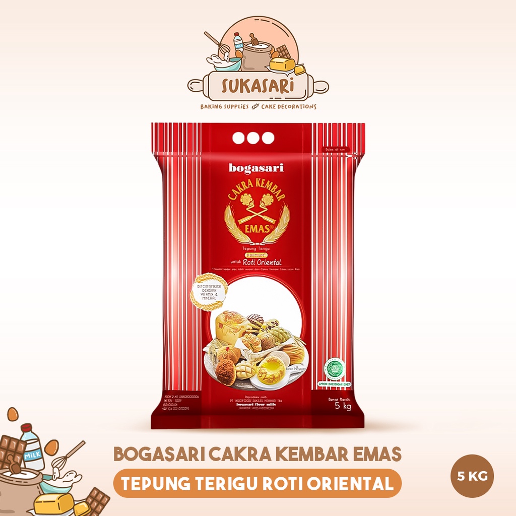 

Sukasari - Tepung Terigu Bogasari 5kg Cakra Kembar Emas / Tepung Roti Oriental
