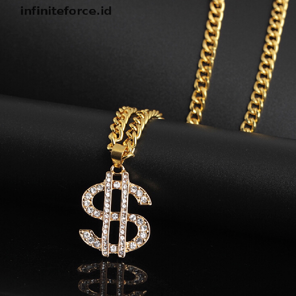 Kalung Liontin Simbol Dollar Lapis Emas Aksen Kristal Gaya Hip Hop