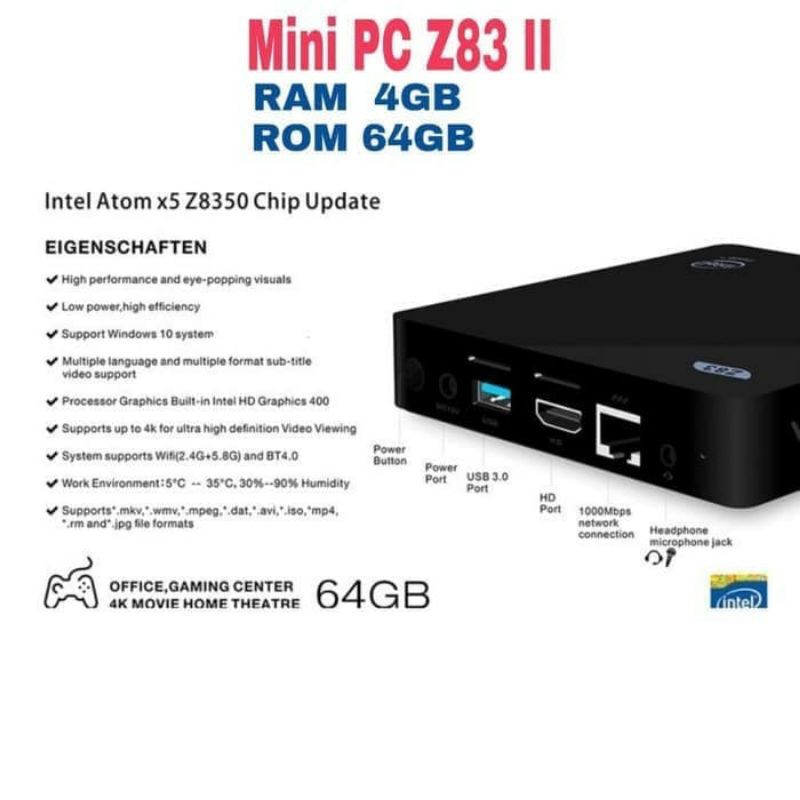 Mini PC Z83 II 4GB Ram 64GB Rom Intel X5 Quadcore HDMI Wifi Windows 10 - Hitam