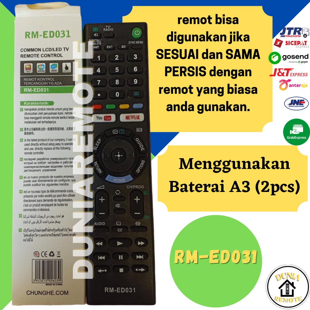 Remot Remote TV SONY BRAVIA Smart Multi Android TV ED031 LCD LED 3D / 3DIMENSI Youtube Netflix tanpa setting