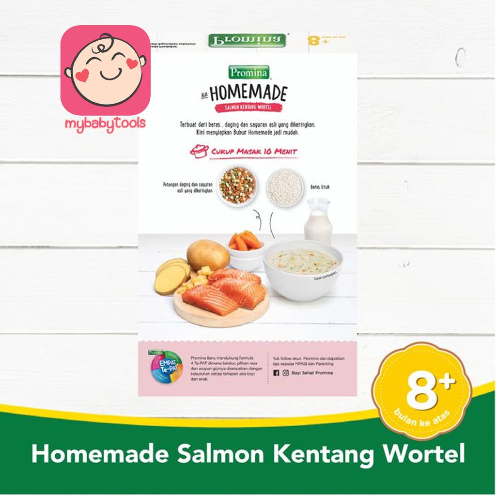 PROMINA HOMEMADE BUBUR BAYI 8+ AYAM BROKOLI LABU KUNING SALMON KENTANG WORTEL BOX 100GR