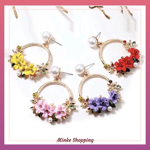 Anting Bunga ala Korea Lapis Emas Panjang dengan Mutiara Pearl