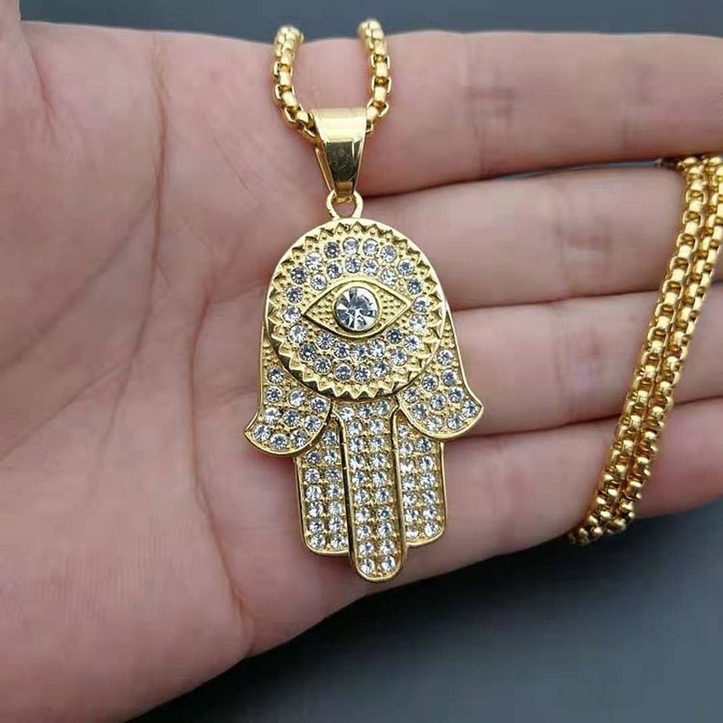 2022 Kalung Rantai Liontin Tangan Fatima Agama Bahan Titanium Steel Lapis Emas Untuk Pria