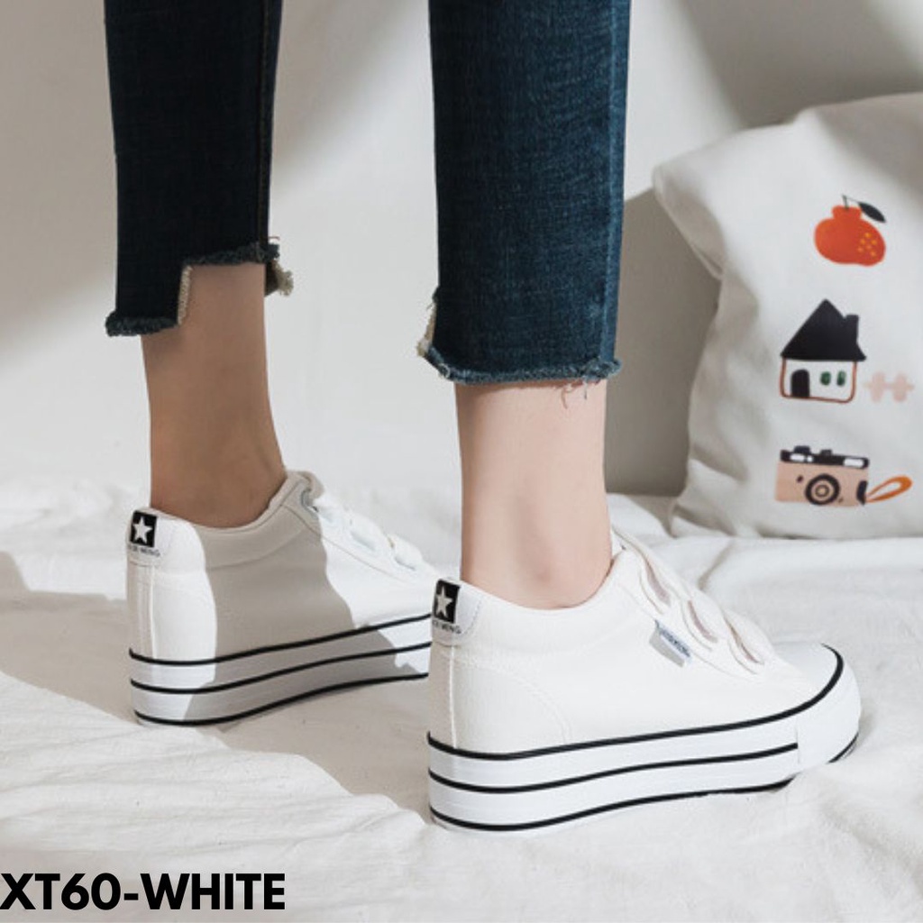 SNEAKERS WANITA VELCRO HIGHCUT BLACK WHITE SISWA SISWI STYLE BAHAN CANVAS IMPORT COMFY T60