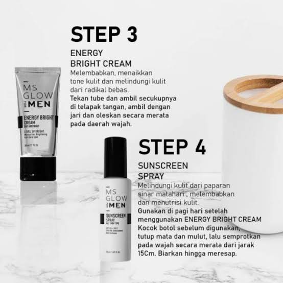 Paket Wajah MS Glow Men Lengkap - Energizer Facial Wash, Energy Bright Cream Day and Night, Energy Serum, Sunscreen Spray, Maskulin Body Lotion