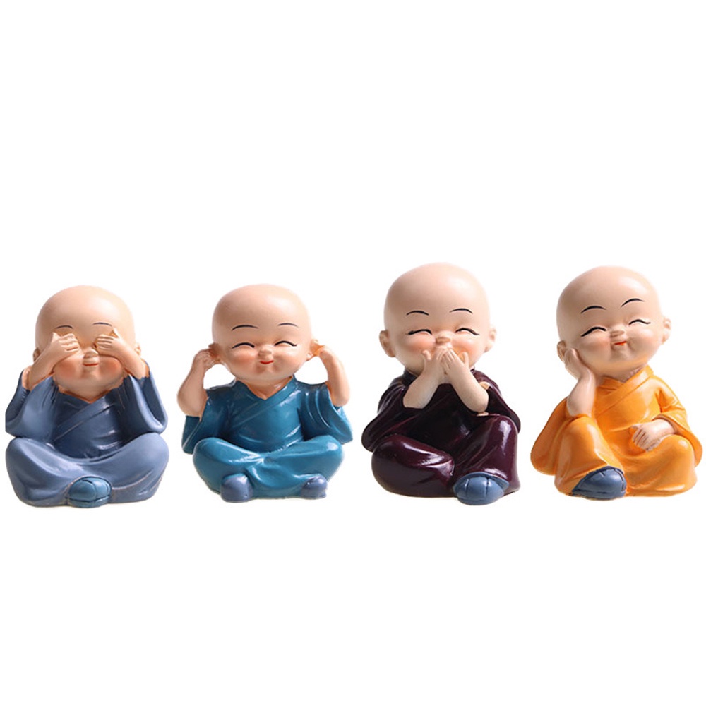 QUINTON 4pcs Ornaments Resin Shaolin Little Monk Small Buddha Kung Fu Boy Statue Miniature Home Decorative Crafts Car accessories