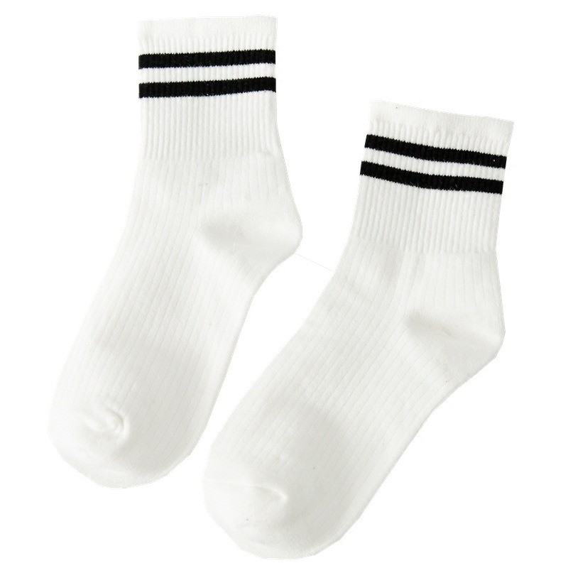 OVERFLOWS.ID Kaos Kaki Mid 2 Garis Import Korea Kaos Kaki Panjang Betis Warna Cewek Cowok-Putih