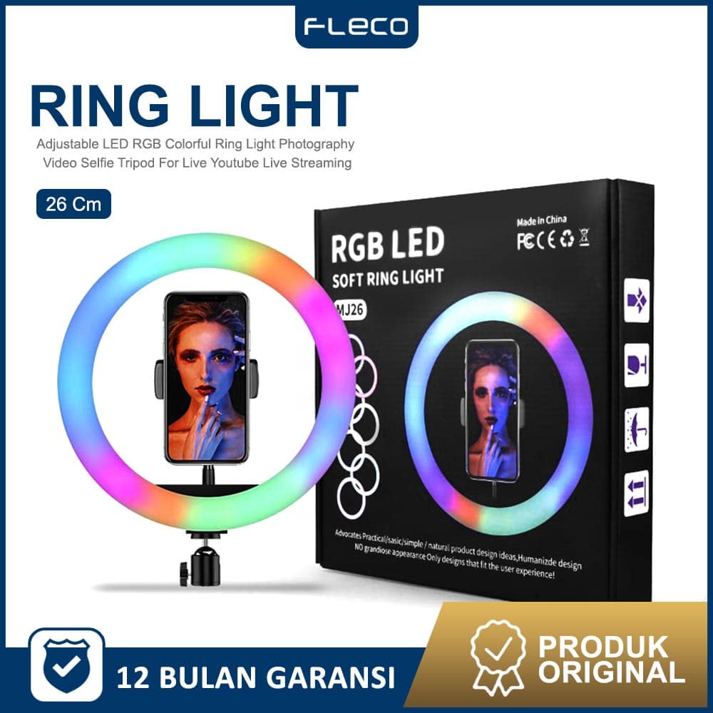 Ringlight Rainbow RGB 26cm + Holder Hp + Ballhead Lampu tiktok