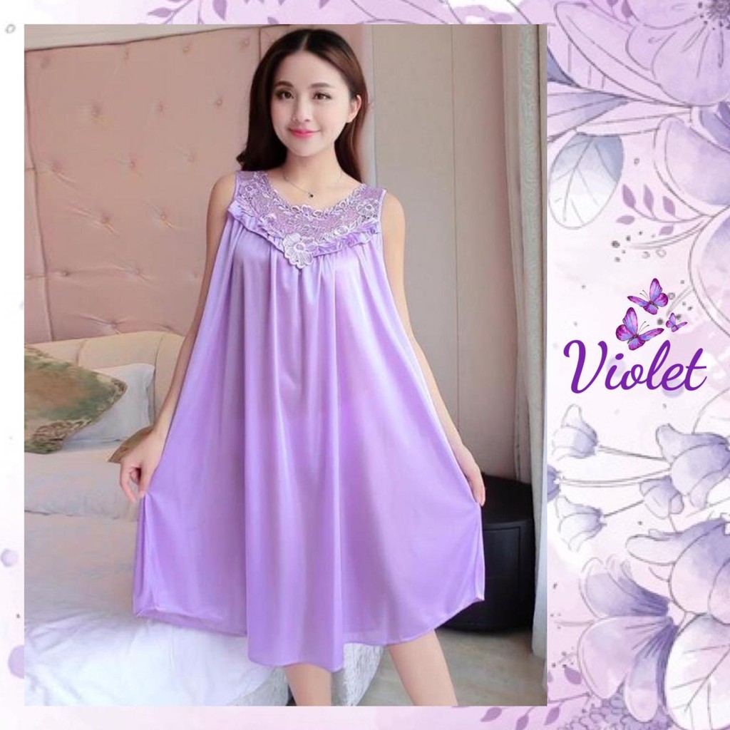 Violet Lingerie Daster Satin Brokat Jumbo XL Terkini Motif Bunga Lace 1108