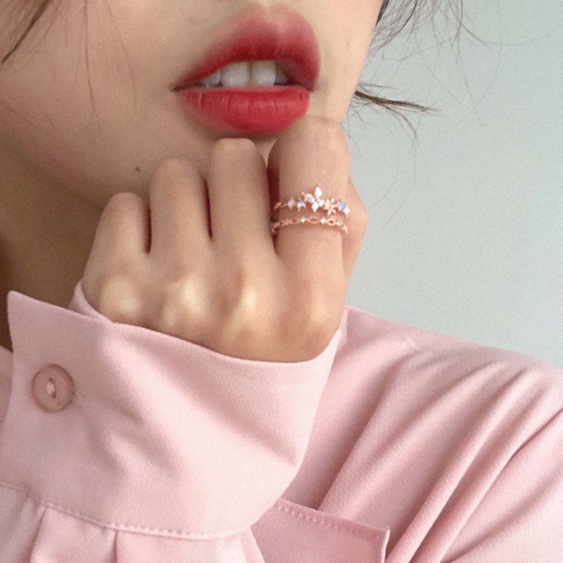 Cincin Model Terbuka Lapis Ganda Desain Bunga Gaya Korea Untuk Wanita