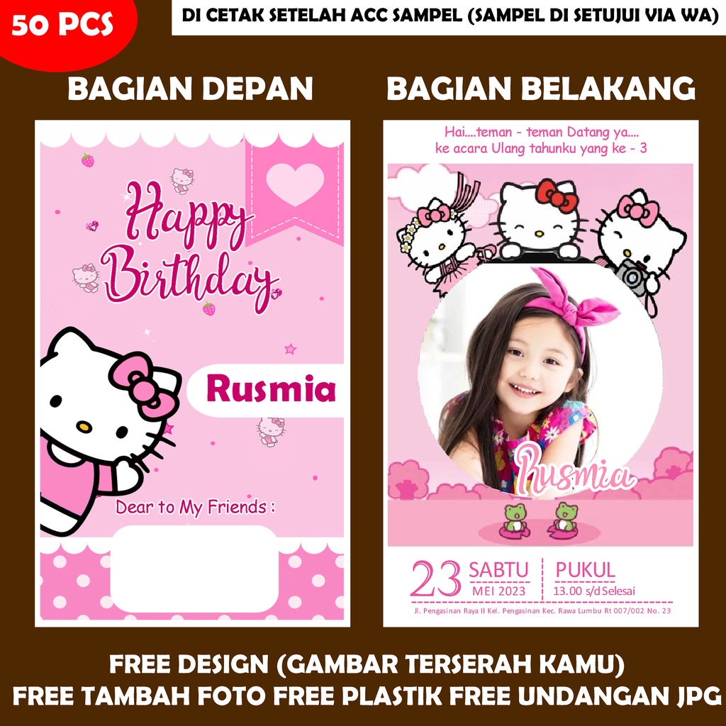 UNDANGAN ULANG TAHUN HELLO KITTY (BISA TAMBAH FOTO ANAK NAMA DLL) FREE PLASTIK ULTAH ULANGTAHUN KART