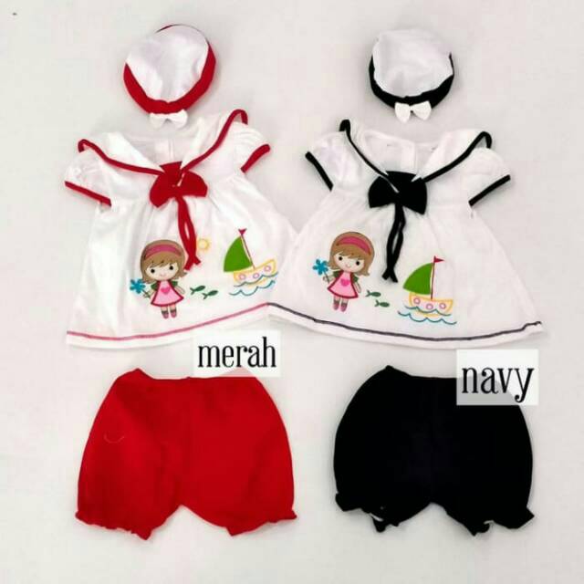 Dress bayi sailor set celana /Pakaian bayi baju dress putih set topi celana sailor pelaut bayi cewek