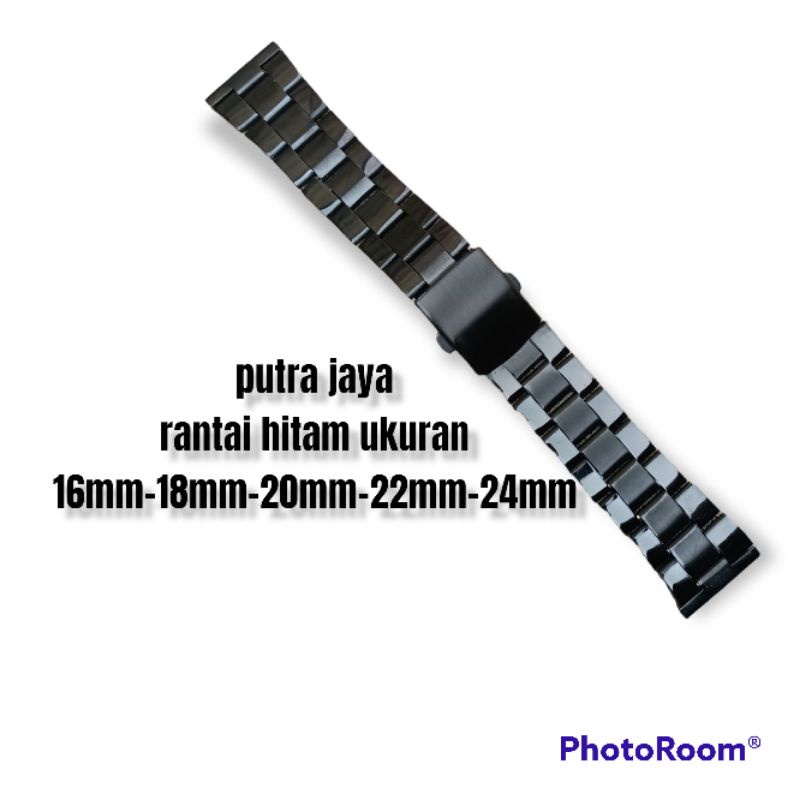 tali rantai jam tangan hitam strap jam tangan hitam tali rante hitam stenlis murah ukuran 16mm-18mm-20mm-22mm-24mm ready