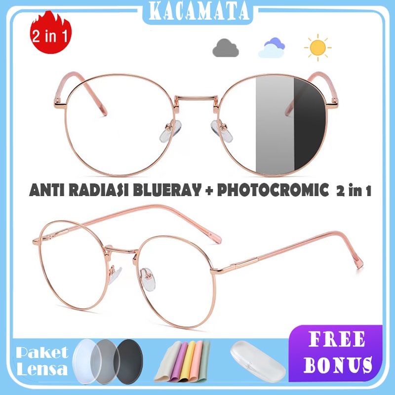 Kacamata Korea Bulat PHOTOCROMIC ANTI RADIASI BLUERAY 2in1 Fashion Kekinian pria dan wanita 9018-1