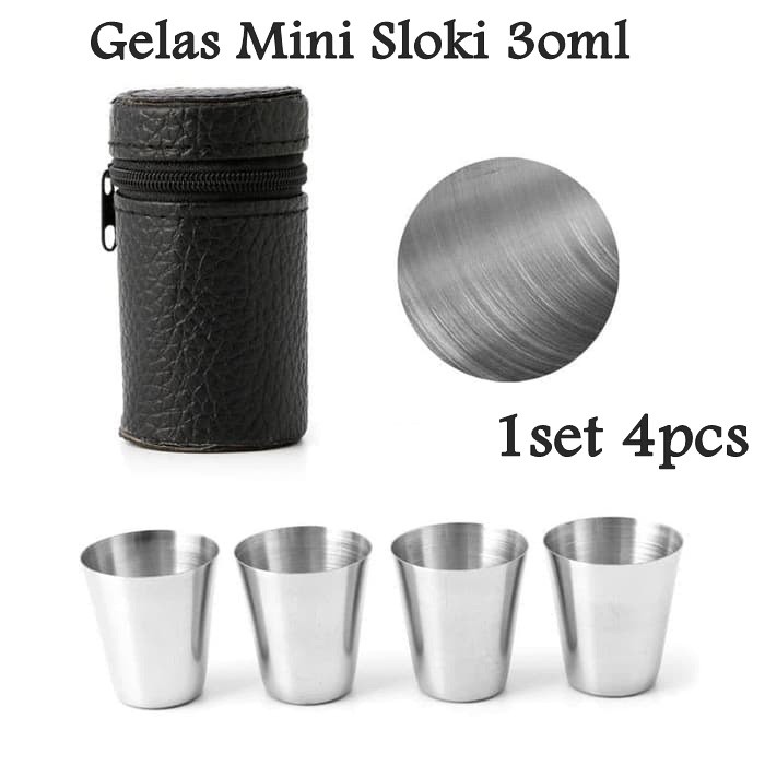 Gelas Mini Sloki Stainless Steel 4 pcs Leather Pouch with Zipper 30ml