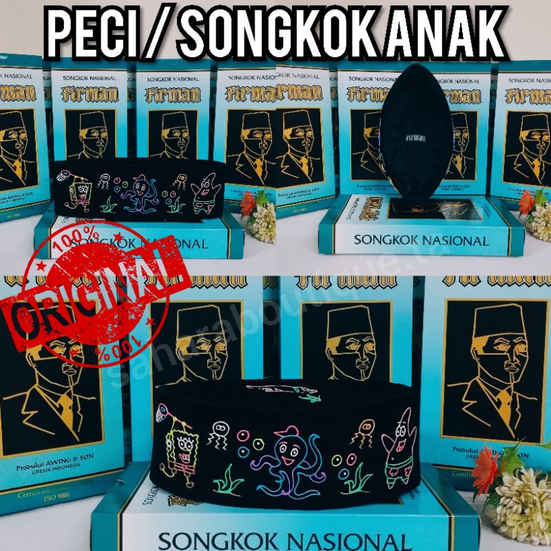 Songkok / Peci / Kopyah / Kopiah Anak Awing Firman HITAM SOGA SPONGEBOB AC Tinggi 8cm Original Produ