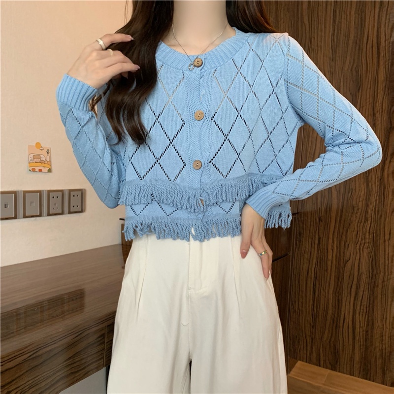 Cardigan Rajut Crop Top Polo Wanita Lengan Panjang