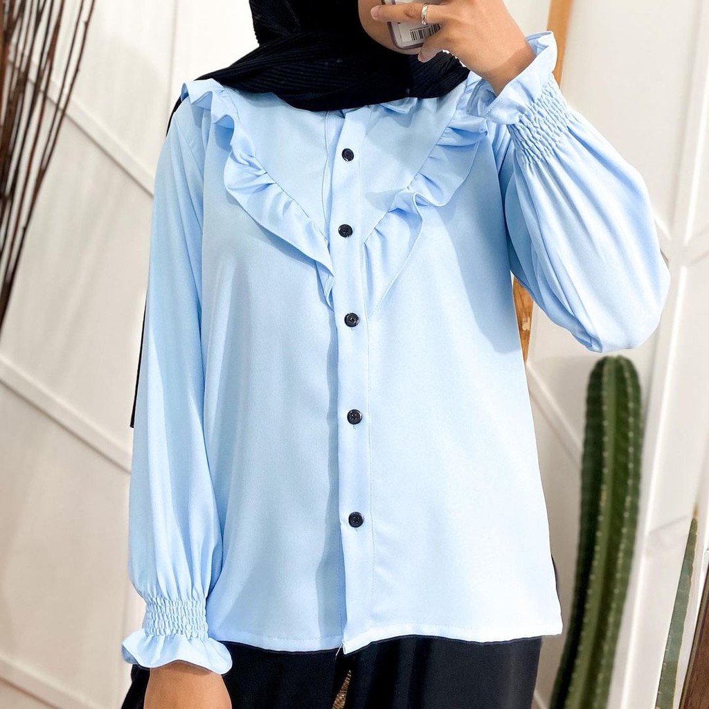 Baju Kemeja Wanita Formal  Style Korea Atasan Polos Casual Putih Lengan Panjang Outfit Ngantor-8