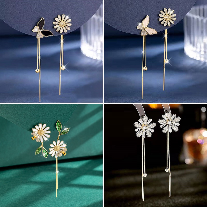 Anting Tusuk Gantung Asimetris Desain Bunga Aster / Lebah / Kupu-Kupu Hias Berlian Untuk Wanita