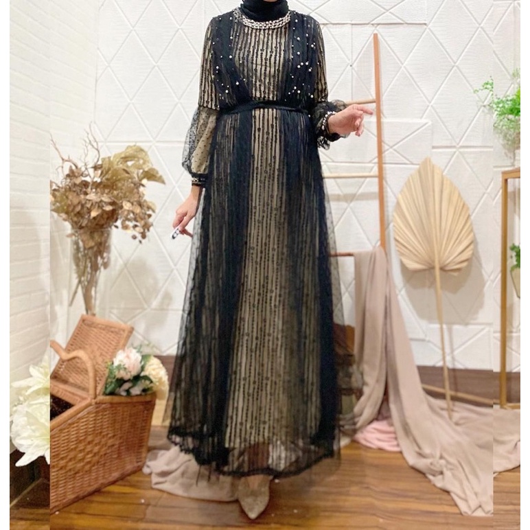 Gamis ozias sparkle motif sakura tangan balon / Gamis formal / Gamis salur bawah / Gamis mymyFashion