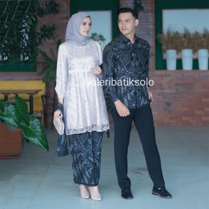 GALERI BATIK - Kebaya Batik Couple Laura Kebaya Brokat Tille Mutiara Mix Payet Premium Rok Span Pinggang Karet Allsize