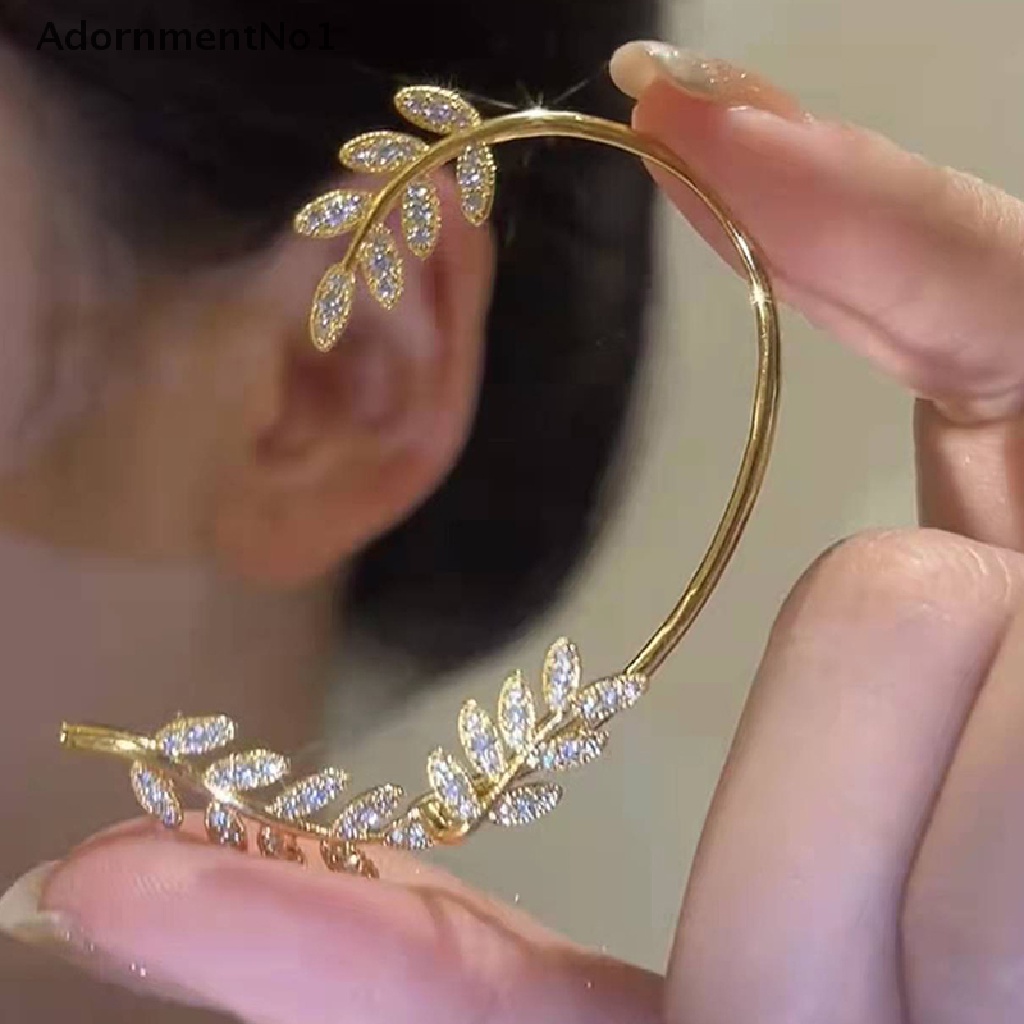 (AdornmentNo1) Anting Klip Tanpa Tindik Motif Daun Aksen Kristal Berkilau Untuk Perhiasan Wanita