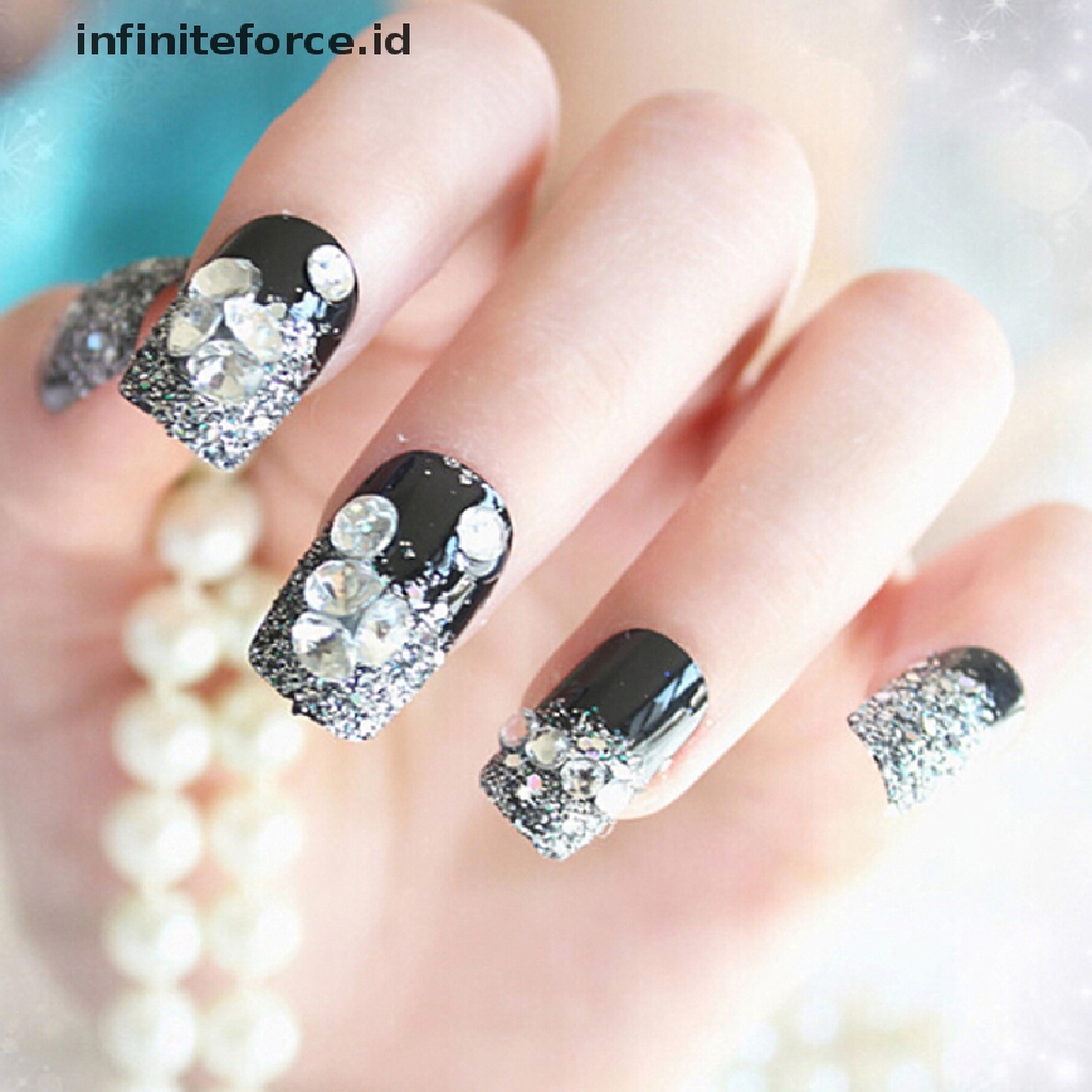 (Infiniteforce.Id) 24pcs / Set Kuku Palsu Akrilik Full Cover Warna Hitam Untuk Nail Art