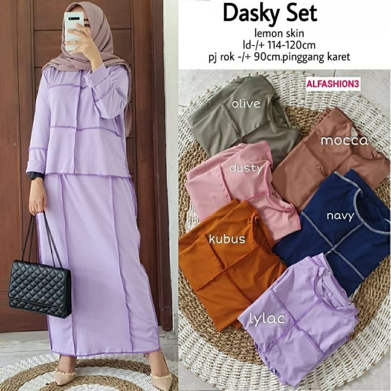 Dasky Set, SETELAN ROK WANITA MUSLIM CANTIK BAHAN LEMON SKIN LD 114-122 TERJUMBO TERMURAH OOTD