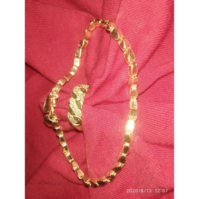 Gelang padi dan cincin rantai perak asli sepuh emas 24k celup emas