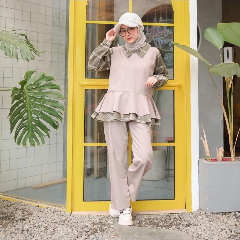 Rereyshop - Aleena One Set Celana Wanita Kombinasi Kotak Polos Setelan Korea Bahan Tebal Kekinian