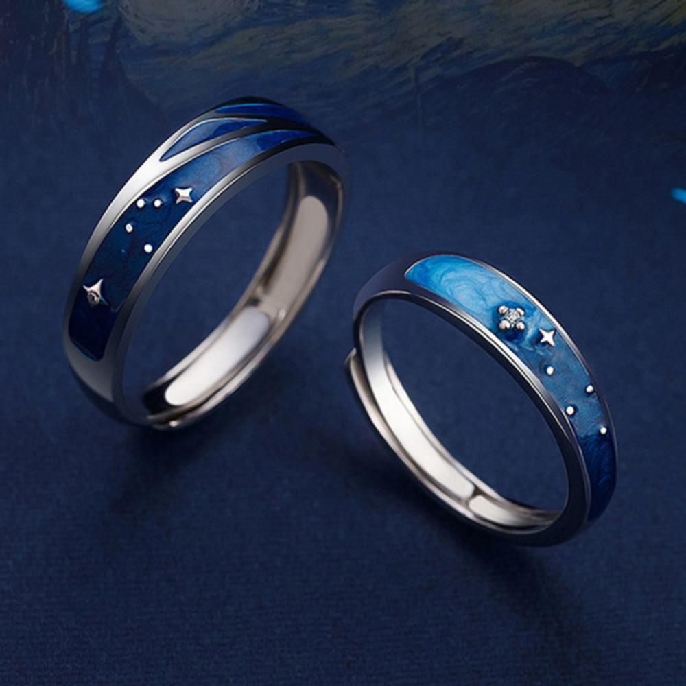 Timekey Cincin Adjustable Motif Langit Berbintang Biru Untuk Pasanganpriawanita A8K1