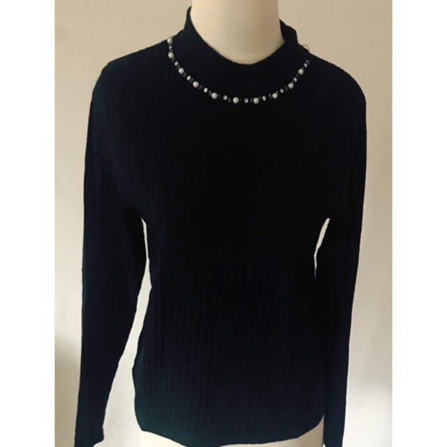 Baju atasan blouse lengan panjang hitam + kalung mutiara diamond , black women top elegan wanita