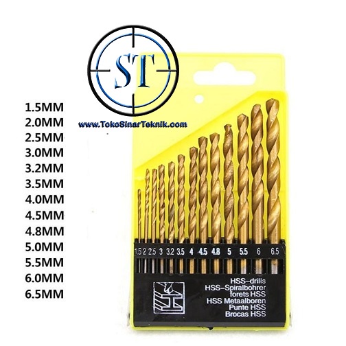 13 Pcs Mata Bor Lapis Titanium Gold HSS Twist Dril Bit Set Metal Plastik Logam 1.5-6.5mm Metric Round Shank Quick Change + Box