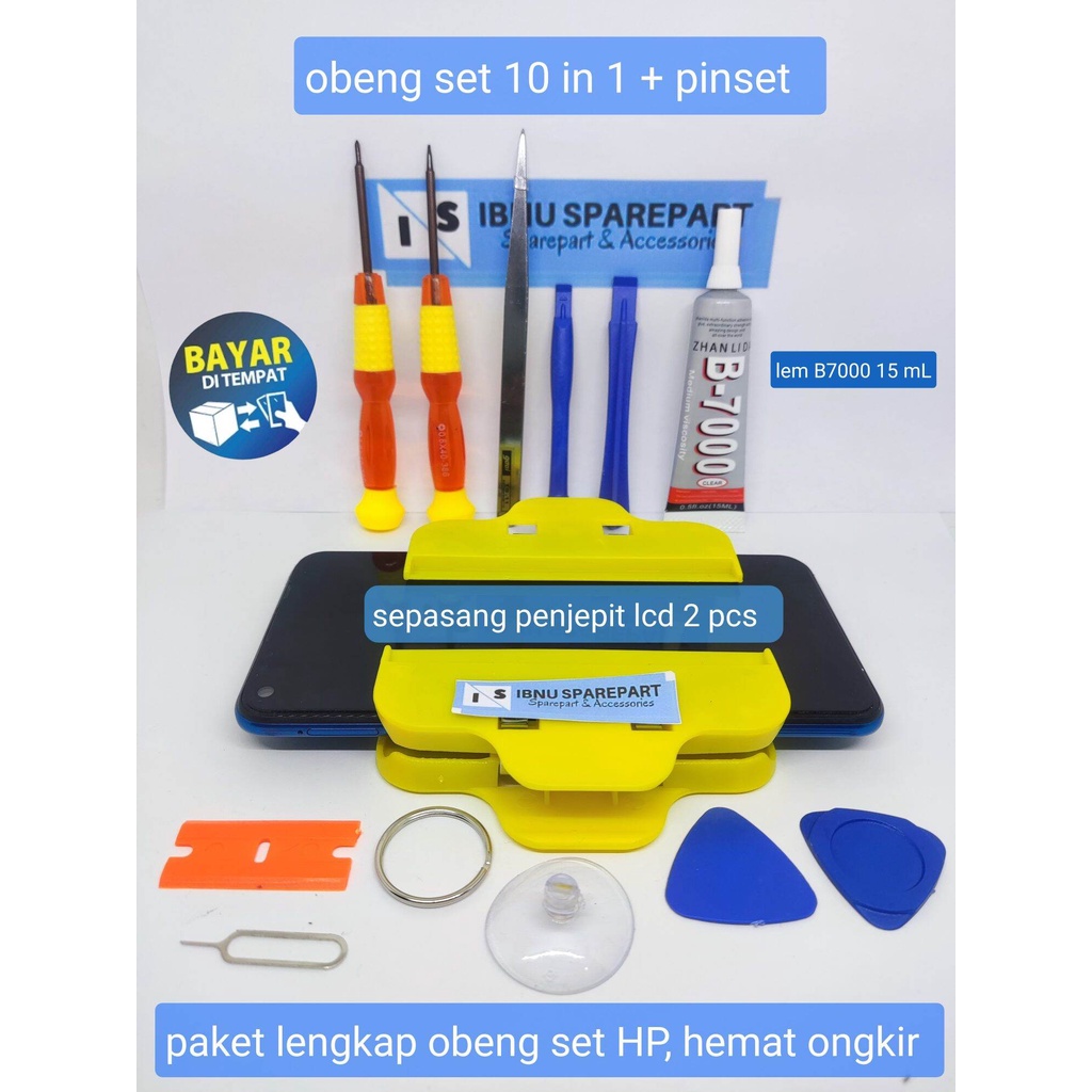 Obeng set Hp 10 IN 1 + Penekan LCD LEBAR  + LEM b7000 15 BENING 15 ML / LEM T7000 15 ML HITAM alat servis hp ori