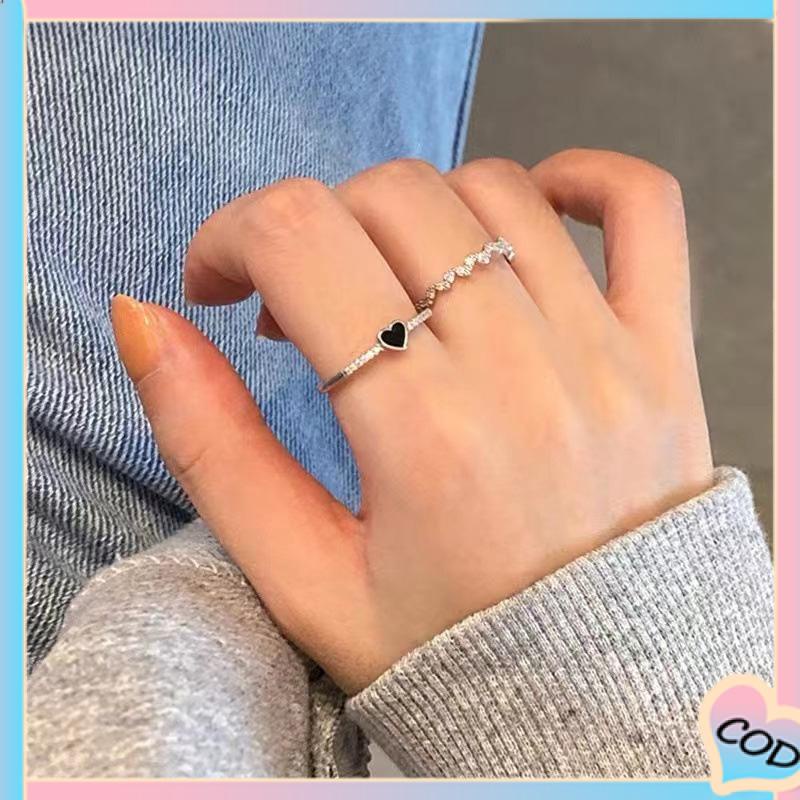 COD❤️ 2 pcs Cincin Zirkon Hitam Wanita High-end Fashion Kepribadian Jari Telunjuk Cincin-A.one