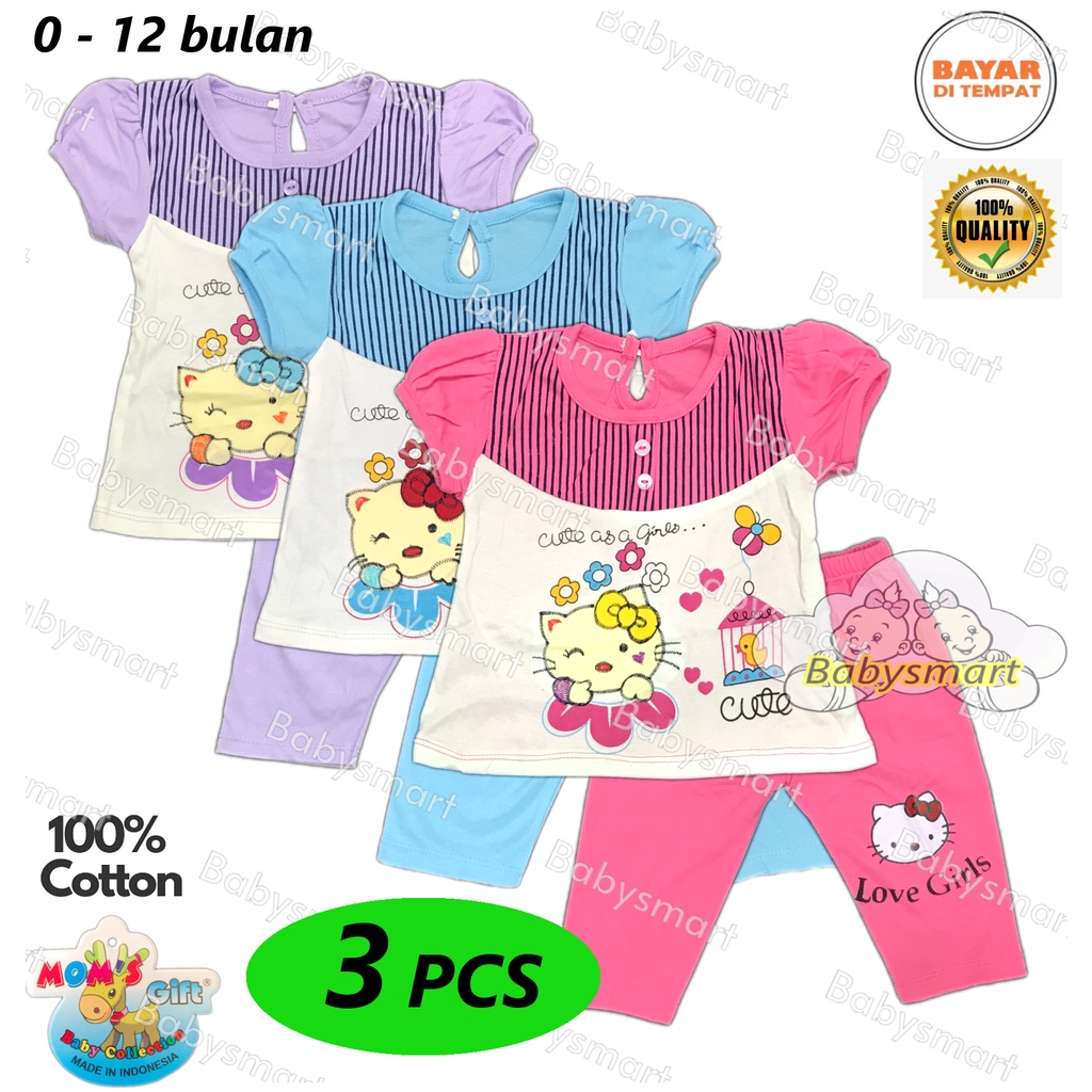 BAYIe - 3 PCS Setelan Baju Bayi/Anak Perempuan + Celana Panjang motif KITTY  MOM'S GIFT SNI usia 0 - 12 bulan / Pakaian anak Cewek