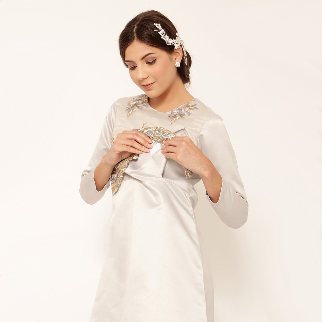 Calendula Nursing Dress, Dress Menyusui, White or Silver, Lengan Pendek atau Panjang, by Baju Island