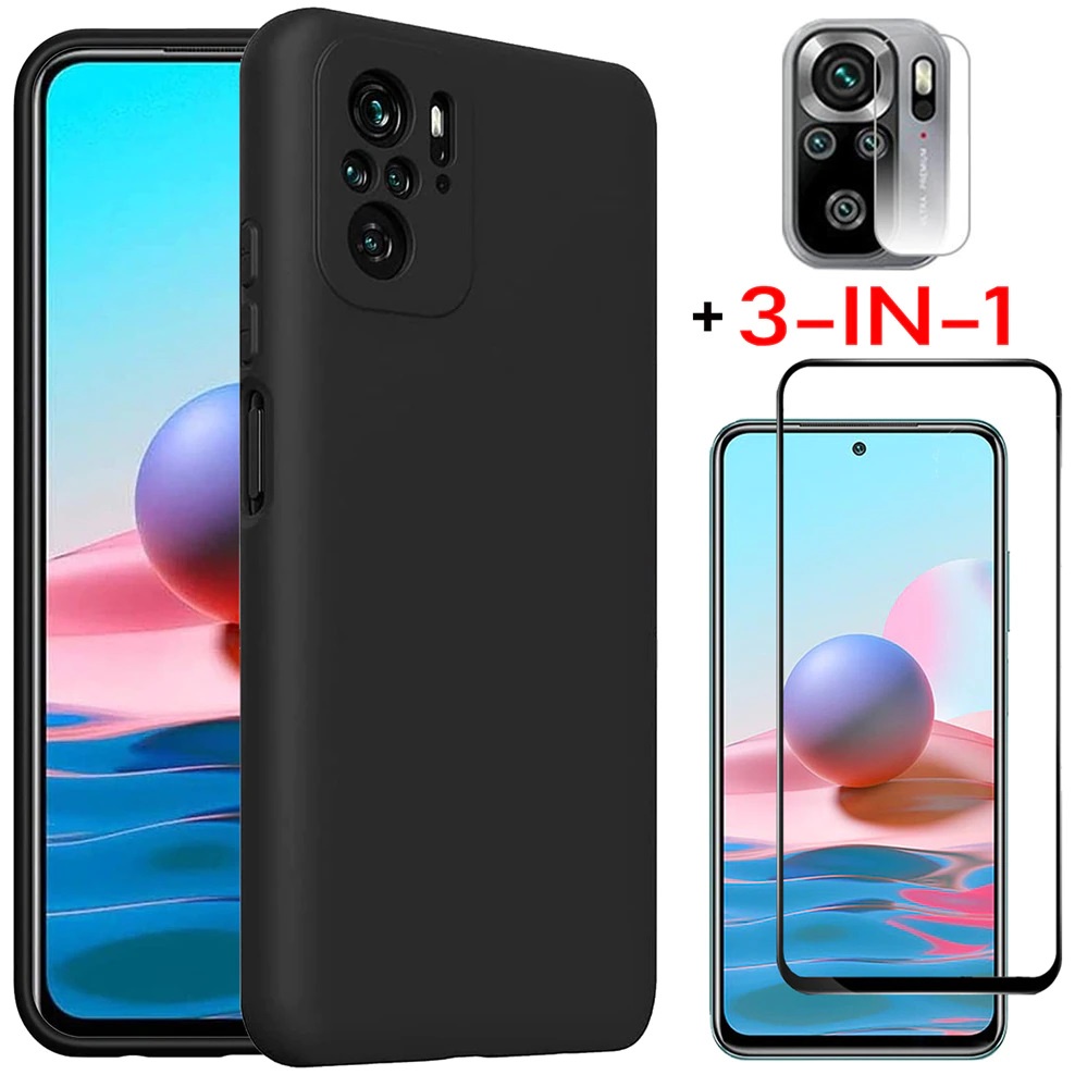 Xiaomi Redmi Note 10 - Note 10S PAKET 3IN1 Case Black Matte Tempered Glass Camera Lens Case Casing R