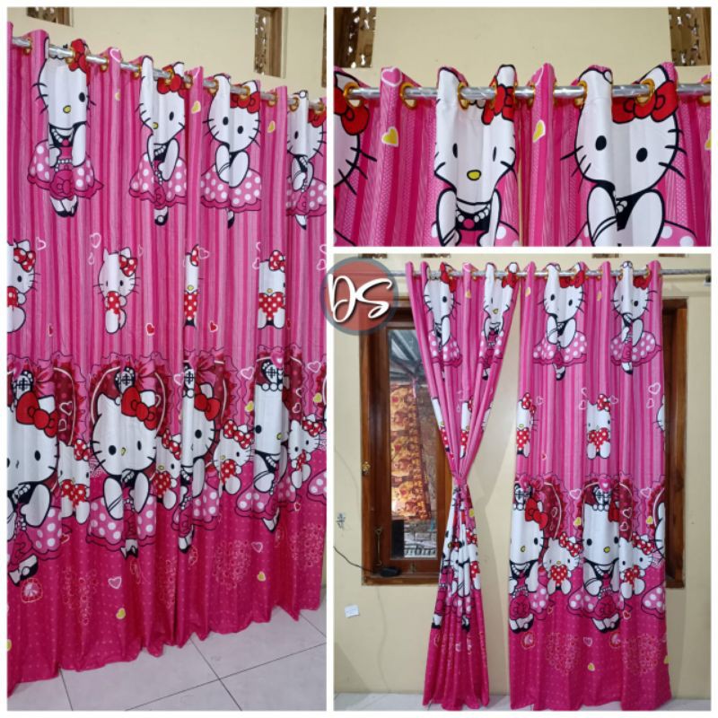Gorden Jendela Kamar Anak Karakter Hello Kitty Smokring Gold 12 Lubang Kain Katun Halus Size 135x220