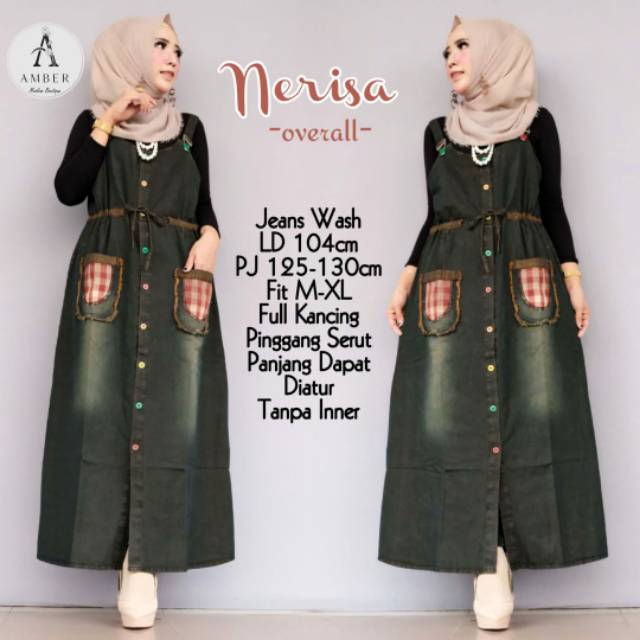 Nerisa Overall Jeans NO INNER LD 104 Fit L-XL Baju Kodok Rok Panjang Wanita Dewasa Busui Melar Murah